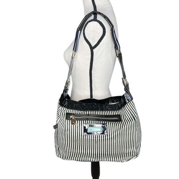 L.A.M.B Reversible White Nylon & Stripes Fabric Patent Leather Strap Hobo Bag - Picture 16 of 16